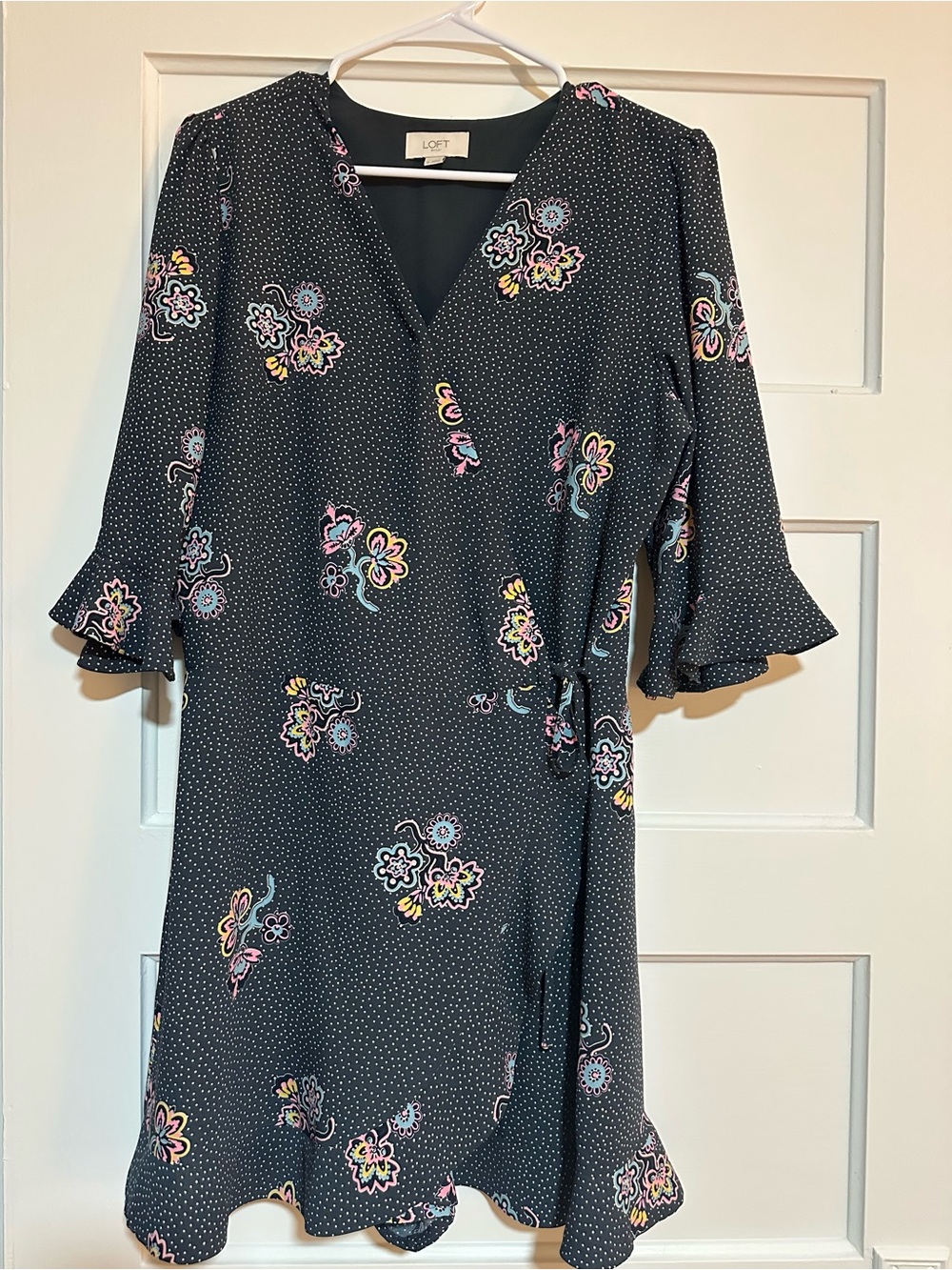 LOFT Black Floral Wrap Midi Dress with Pastel Accents